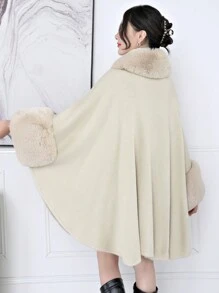 1 Peça Poncho, Xale, Cardigã de Malha Acrílica Folgado e Oversized, Elegante Gola de Pele Sintética com Plus Size para Mulheres