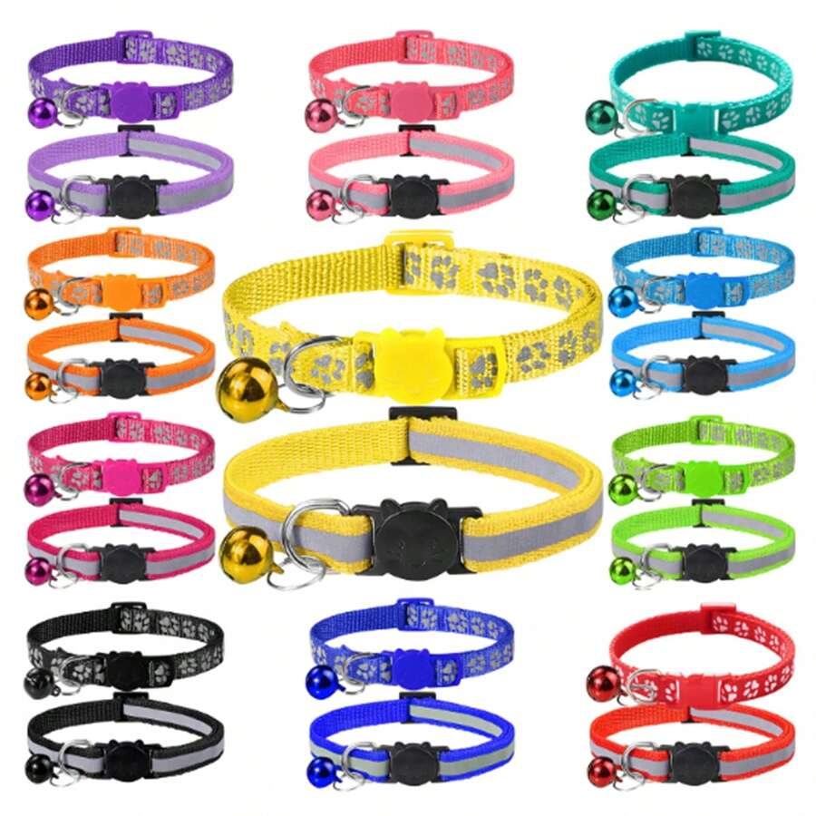 2 Stücke aus Polyester Haustierhalsbänder, eines mit Pfotenabdruckmuster und eines reflektierend gestreift, geeignet für kleine und mittelgroße Katzen und Hunde, für den Innen- und Außengebrauch geeignet - Verschiedenfarbig - Übersicht 1