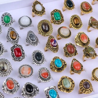 10pcs/Pack Fashionable Retro Luxurious Natural Stone Adjustable Open Ring, Ideal For Women's Daily Jewelry, Party, Banquet, Gifts