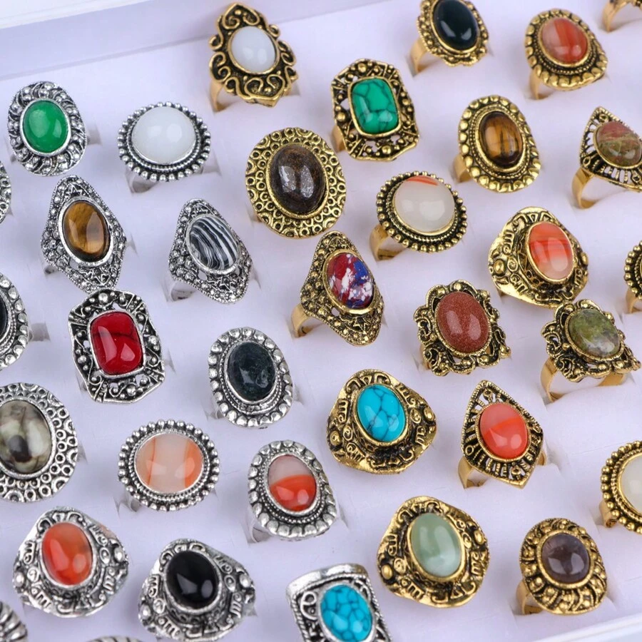 10pcs/Pack Fashionable Retro Luxurious Natural Stone Adjustable Open Ring, Ideal For Women's Daily Jewelry, Party, Banquet, Gifts - 10 Stone Alloy S Ring - View 1