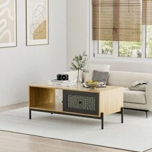 LIVINGANDHOME Living And Home  Modern TV Stand Wooden Storage Cabinet With Rattan Doors, Entertainment Centre TV Storage Cabinet With Rattan Doors, Rattan Coffee Table With Storage For Living Room, Direct Slatted Sliding Door TV Stand - Khaki - View 6