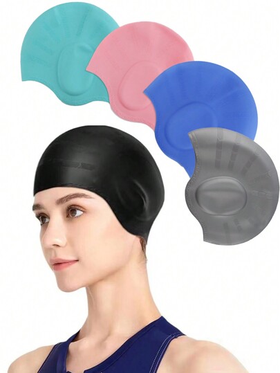 1 pieza, Gorro de natación de silicona con bolsillos para las orejas para adultos y adolescentes - Protege el cabello largo y proporciona alta elasticidad, Artículos esenciales para la playa, Accesorios de playa, Flotador de piscina