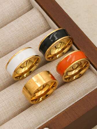 1 Piece Classic Stainless Steel Women Ring Flat Tray Design Gold Black White Orange Four Color Rings For Women Men