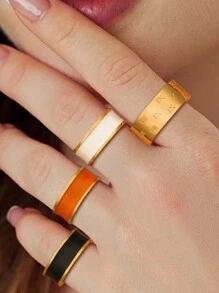 1入經典不銹鋼女戒，扁盤設計，金色、黑色、白色、橙色四色女男戒指 - 金色 - 查看 3