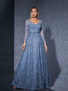 (免摆花朵)V领长袖刺绣蕾丝性感透视天鹅绒束带连衣裙优雅伴娘服 - 霧霾藍 - 查看 5