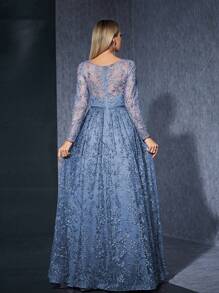 (免摆花朵)V领长袖刺绣蕾丝性感透视天鹅绒束带连衣裙优雅伴娘服 - 霧霾藍 - 查看 4