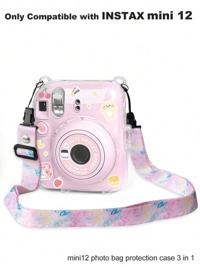 Colorful Cartoon Printed Transparent Storage Case With Hanging Rope And Sticker Set For Mini 12 Camera Films, 3pcs/Set