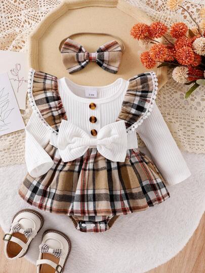 Vestido de cuadros blancos con parches y decoración de lazo con diadema para bebé niña, para Navidad