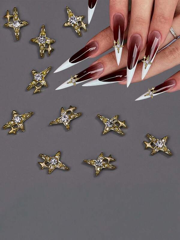 10pcs Glamorous Starry Nail Art Decorations, Sparkling 3D Gold Alloy Nail Accessories, Essential Nail Art Supplies For Nail Technicians, Nail Charm!