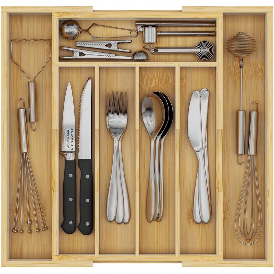 Bamboo Utensil Organizer For Kitchen Drawers, Expandable Utensil Tray And Cutlery Silverware Holder,Wood Drawer Dividers With 7 Adjustable Slots - Màu be - Xem 1