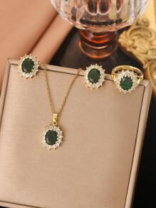 4入組金色不鏽鋼珠寶套裝，鍍18K金石榴石藍寶石紅寶石綠寶石橢圓形項鍊、耳環和戒指。優雅奢華INS法式復古韓式時尚潮流全配女士珠寶，適合日常街頭、工作、慶典和派對