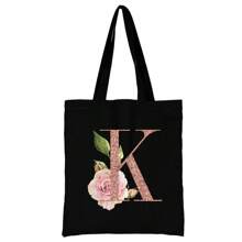 女士购物袋帆布袋手提袋可重复使用杂货手提袋储物袋玫瑰金字母姓名首字母图案旅行单肩包大容量学生手提包大容量帆布手提单肩包杂货袋书包，返校背包，大容量，轻便，便携，适合少女女大学生，非常适合返校、大学、初中、高中、工作、商务、通勤