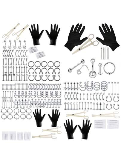 13/64/74/134 Pcs Disposable Body Piercing Tool Kit With 16g Stainless Steel Piercing Needles, Piercing Pliers, Lip/Microblanding/Nose/Tongue/Bellybutton Rings