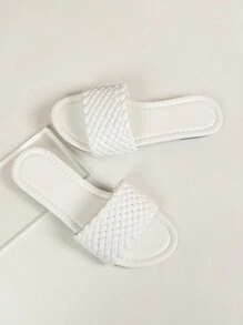 女士时尚平底凉鞋，编织 2025 年夏季新款花卉圆头一脚蹬拖鞋 - 白色 - 查看 5