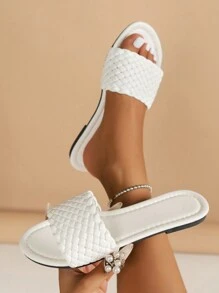 女士时尚平底凉鞋，编织 2025 年夏季新款花卉圆头一脚蹬拖鞋 - 白色 - 查看 2