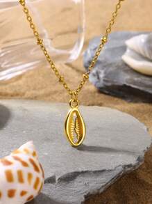 Vòng cổ mặt dây chuyền nguyên tố ốc xà cừ bằng thép không gỉ mạ vàng 18k làm mới Lsland Beach dành cho nữ Chuỗi xương đòn không thấm nước với bùa màu vàng cổ điển, Trang sức bãi biển mùa hè - Vàng - Xem 5