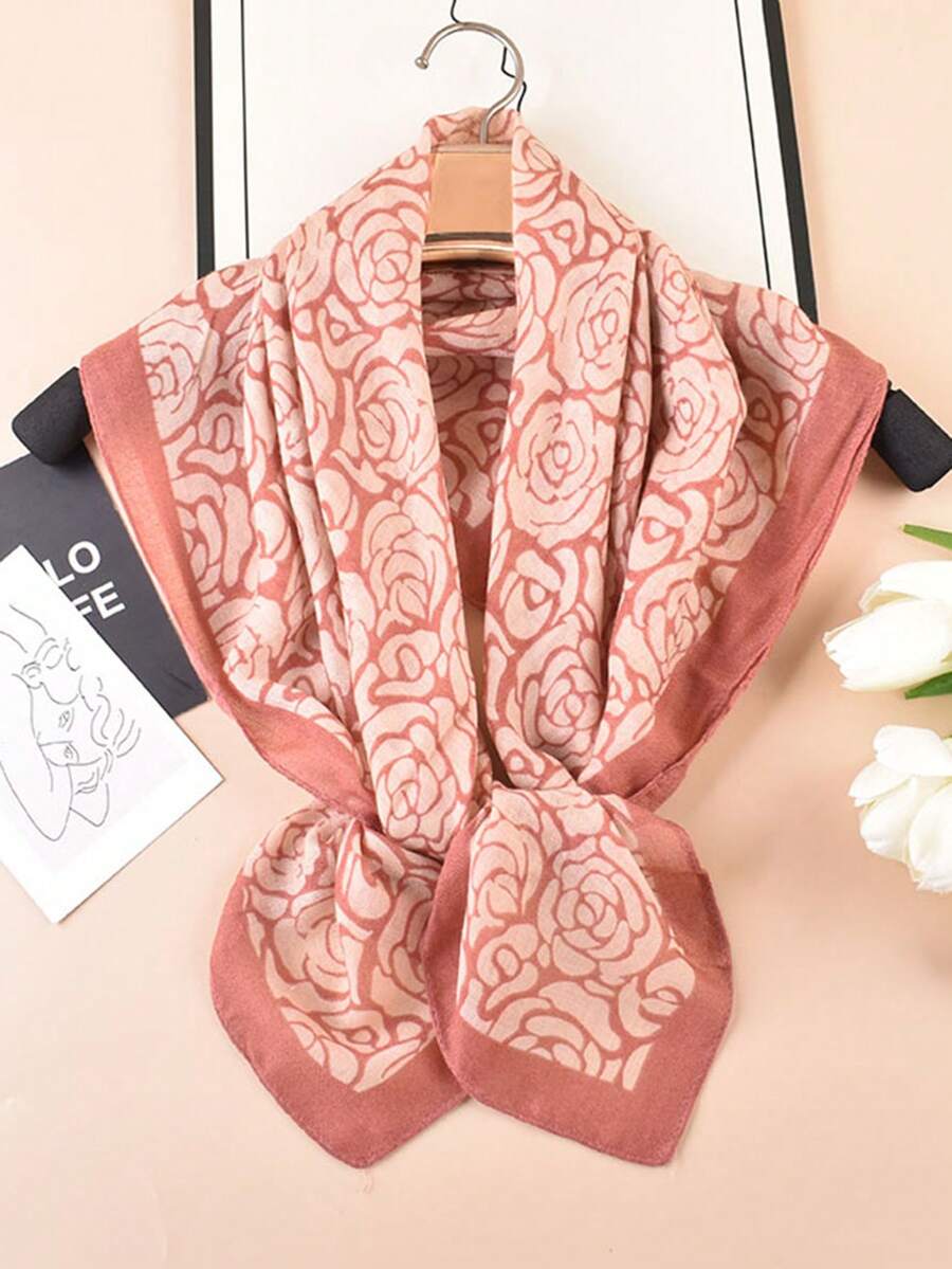 YWQLWJ 1 件 2024 年新款夏季头巾、时尚百搭玫瑰印花真丝围巾、头带、90 厘米亚麻披肩