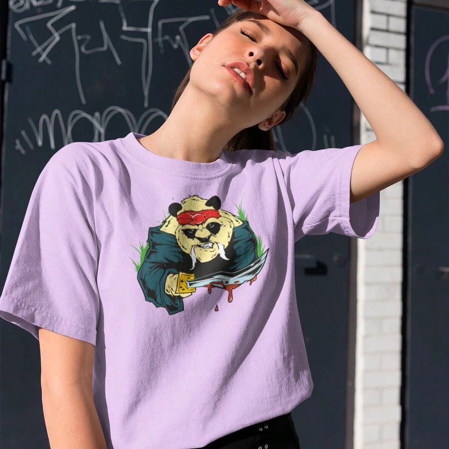 Blusa Blusinha Camiseta Cropeed TShirt Feminina 100% Algodão Tecido Premium Estampa Panda Samurai - Roxo - Visão 1