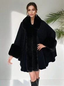 1 Peça Poncho, Xale, Cardigã de Malha Acrílica Folgado e Oversized, Elegante Gola de Pele Sintética com Plus Size para Mulheres