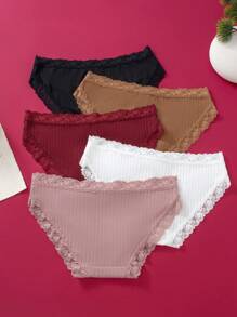 5入組 蕾絲修邊透氣女士丁字褲，性感