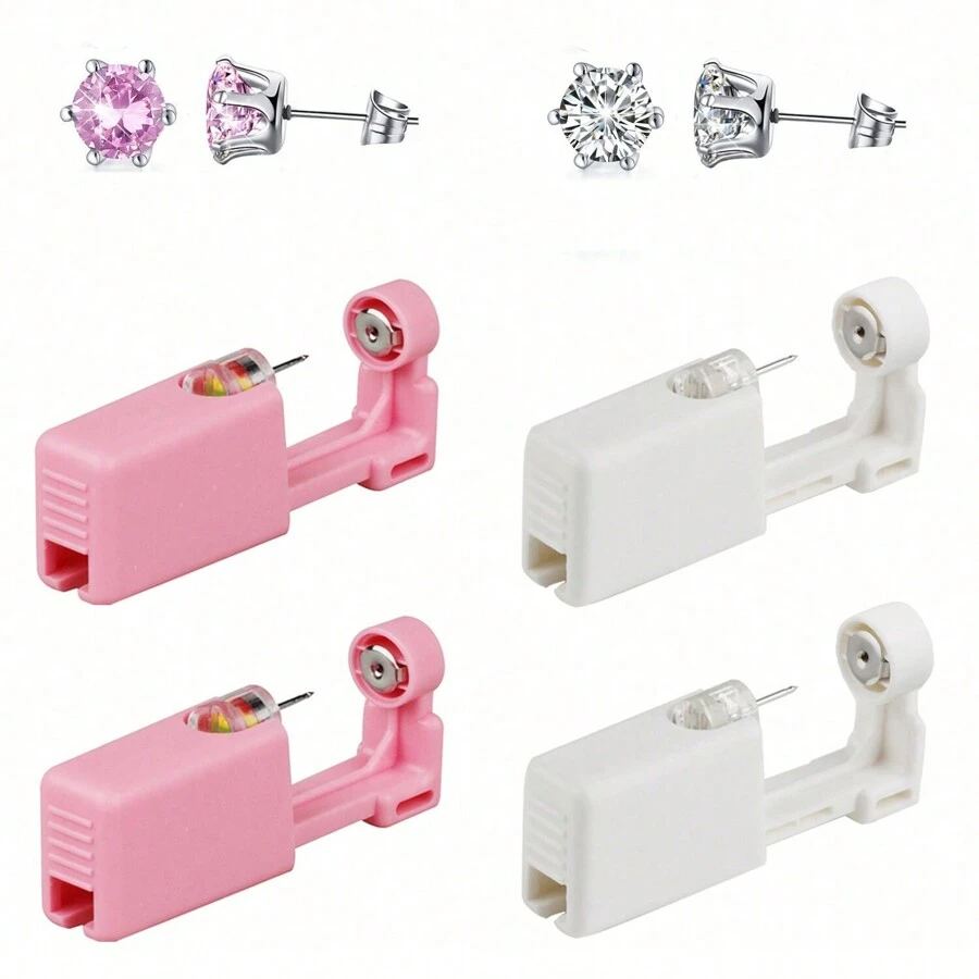 4 Packs Ear Piercing Kit Disposable Ear Piercing Gun Self Ear Piercings Gun Kit Tool With Cubic Zirconia Stud Earrings,At Home Self Ear Piercer Kit
