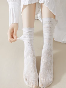 3對白色蕾絲修邊薄中筒襪，搭配乃履和運動鞋的夏季理想之選 - 彩色 - 查看 8
