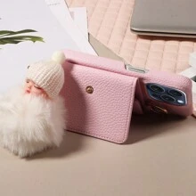 1 pieza Funda de teléfono con estilo de cartera, con espejo de maquillaje y diseño de muñeca de dibujos animados, protector de teléfono multifuncional compatible con Apple/Samsung, con accesorio de teléfono - Rosa - Ver 5