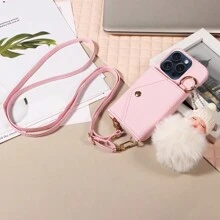 1 pieza Funda de teléfono con estilo de cartera, con espejo de maquillaje y diseño de muñeca de dibujos animados, protector de teléfono multifuncional compatible con Apple/Samsung, con accesorio de teléfono - Rosa - Ver 2