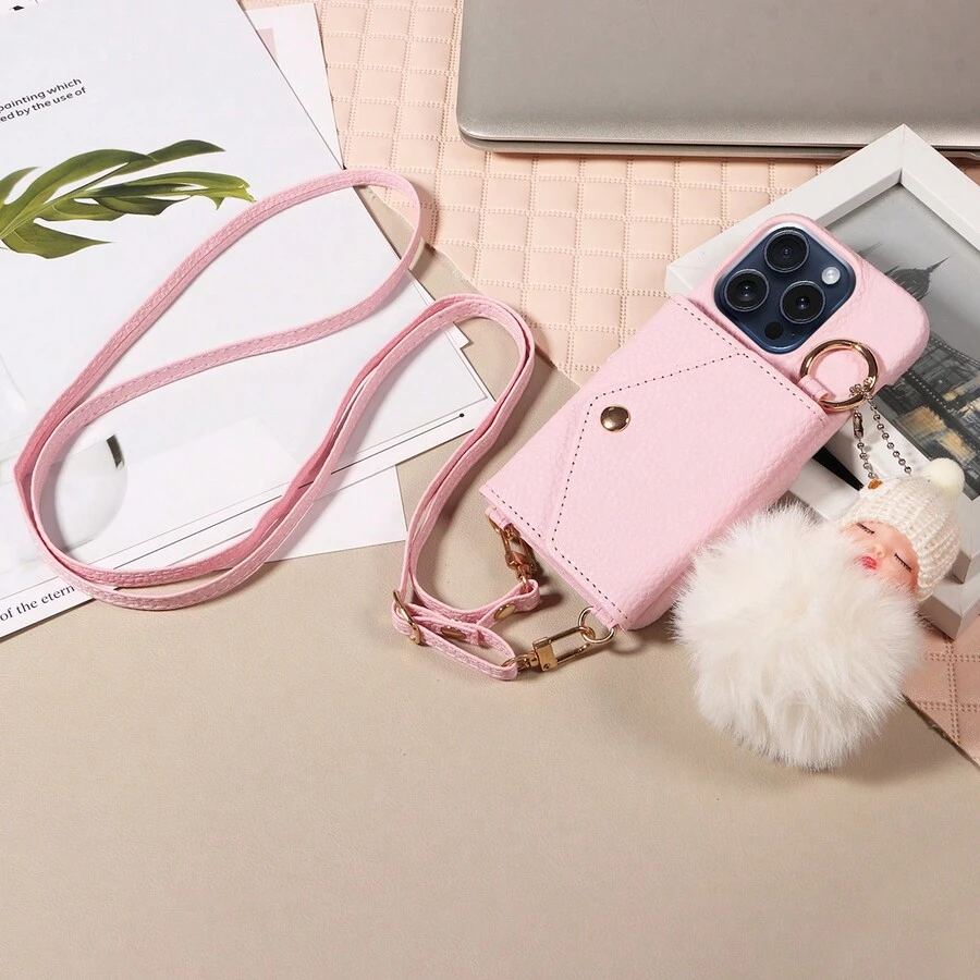 1 pieza Funda de teléfono con estilo de cartera, con espejo de maquillaje y diseño de muñeca de dibujos animados, protector de teléfono multifuncional compatible con Apple/Samsung, con accesorio de teléfono