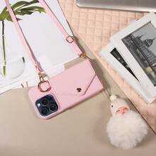 1 pieza Funda de teléfono con estilo de cartera, con espejo de maquillaje y diseño de muñeca de dibujos animados, protector de teléfono multifuncional compatible con Apple/Samsung, con accesorio de teléfono - Rosa - Ver 6