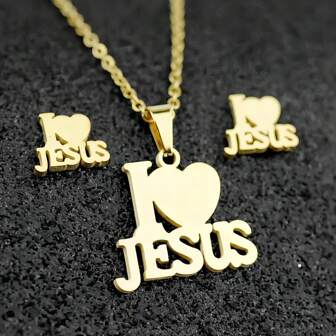 Wis Fashion Stainless Steel Jesus Cross & Letter JESUS Pendant Necklace Set For Women, Men Heart Shaped Letter Pendant Necklace Jewelry Set, Christian Symbol Jewelry Gift Valentines,Mom,Mother,Mother's Day,Gift
