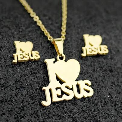 Wis Fashion Stainless Steel Jesus Cross & Letter JESUS Pendant Necklace Set For Women, Men Heart Shaped Letter Pendant Necklace Jewelry Set, Christian Symbol Jewelry Gift Valentines,Mom,Mother,Mother's Day,Gift