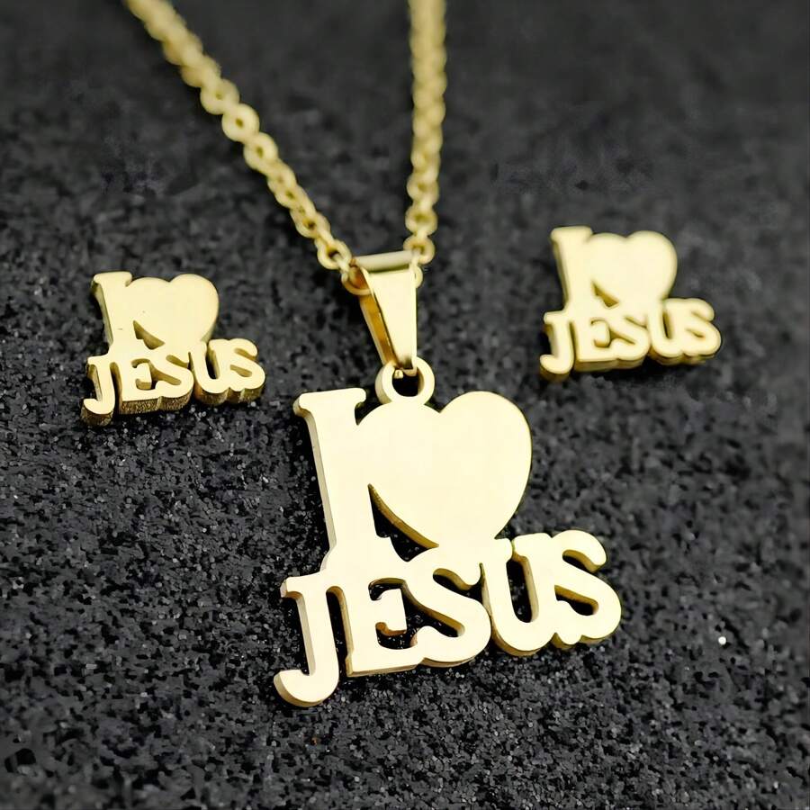 Wis Fashion Stainless Steel Jesus Cross & Letter JESUS Pendant Necklace Set For Women, Men Heart Shaped Letter Pendant Necklace Jewelry Set, Christian Symbol Jewelry Gift Valentines,Mom,Mother,Mother's Day,Gift - JESUS - View 1