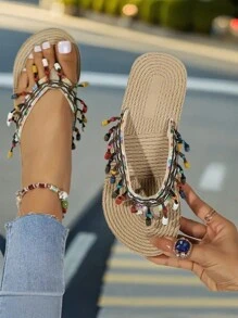 Damskie sandały na koturnie z kolorowymi drewnianymi koralikami, frędzlami i splotem z trawy, letnie klapki plażowe, lekka i szybkoschnąca podeszwa z pianki EVA, odpowiednie do modnych i uniwersalnych strojów oraz wakacji na plaży - Morela - Zobacz 5