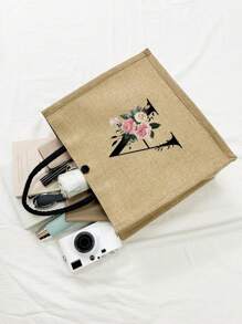 2件套简约花卉字母印花亚麻手提包，简约旅行包，化妆包，大容量旅行化妆包，多功能便携手提包，教师节礼物，感谢礼物，女士礼物，适合度假、海滩、旅行、通勤、商务、学生、野餐、露营、超市购物、日常收纳（肩带方向随机），最佳教师节礼物，海滩度假必备，最佳教师节礼物 - 卡其色 - 查看 4