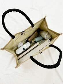 2件套简约花卉字母印花亚麻手提包，简约旅行包，化妆包，大容量旅行化妆包，多功能便携手提包，教师节礼物，感谢礼物，女士礼物，适合度假、海滩、旅行、通勤、商务、学生、野餐、露营、超市购物、日常收纳（肩带方向随机），最佳教师节礼物，海滩度假必备，最佳教师节礼物 - 卡其色 - 查看 6