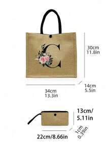 2件套简约花卉字母印花亚麻手提包，简约旅行包，化妆包，大容量旅行化妆包，多功能便携手提包，教师节礼物，感谢礼物，女士礼物，适合度假、海滩、旅行、通勤、商务、学生、野餐、露营、超市购物、日常收纳（肩带方向随机），最佳教师节礼物，海滩度假必备，最佳教师节礼物 - 卡其色 - 查看 9