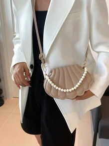 HELLO WEEKEND 1入組珍珠鏈繡PU材質手提翻蓋時尚手袋，適用於女士日常使用