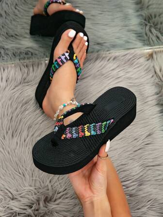 Women's Woven Espadrille Sandals, Summer Straw Platform Wedge Sandals For Summer Holiday