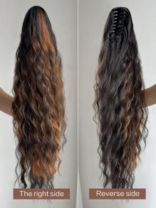 28 Inch Deep Brown Wavy Curly Clip-In Ponytail Hair Extensions, Soft & Natural, Synthetic Hair Piece, For Women - Brown Highlight - View 4