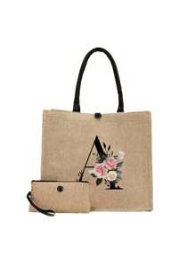 2件套简约花卉字母印花亚麻手提包，简约旅行包，化妆包，大容量旅行化妆包，多功能便携手提包，教师节礼物，感谢礼物，女士礼物，适合度假、海滩、旅行、通勤、商务、学生、野餐、露营、超市购物、日常收纳（肩带方向随机），最佳教师节礼物，海滩度假必备，最佳教师节礼物 - 卡其色 - 查看 20