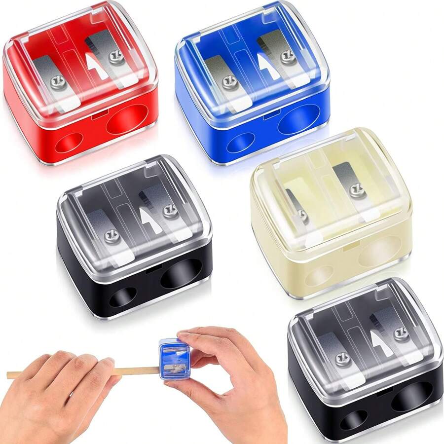 1/2/5pcs Double Hole Pencil Sharpener(Random Color), Stainless Steel Blade, Plastic Protective Case, Manual Pencil Sharpener, Suitable For Pencils, Eyeliners And Lip Liners, Back To School Stationery Back To School - Multicolor - View 1