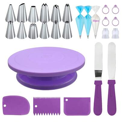 76pcs Stainless Steel Icing Nozzles Cake Turntable Set With 12 Icing Nozzles, 1 Cake Turntable, 2 Reusable Piping Bags, 50 Disposable Piping Bags, 4 Silicone Rings, 2 Converters, 2 Cream Scrapers, 3 Cream Scrapers, Cake Decorating Tools, Nozzles, Pastries, Cupcakes, Baking Tray Decoration, Baking Tools, Icing, Biscuits, Kitchen Gadgets.