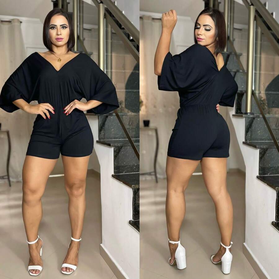 Women's Flare Sleeve Romper, Plain, Loose-Fitting Women's Fashion - 黑色 - 查看 1