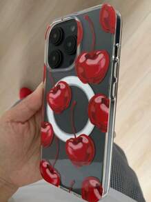 1个可爱红色樱桃磁吸充电软壳，兼容 17 Pro Max 16 15 14 13 12 11 Pro Max，时尚花卉透明防震保护套 - 紅櫻桃 - 查看 3