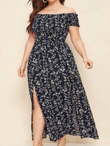 Vestido de Talla Grande para Mujer, Hombros Descubiertos Manga Farol, Bohemio Elegante de Fiesta, Cómodo y Mode - Azul Marino - Ver 5