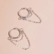 1pair Fashionable Chain & Hoop Earrings, Stainless Steel Material, Suitable For Women's Daily Wear