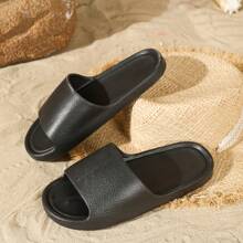 New Fashion Faux Leather EVA Black Slippers, Leather Minimalist INS Style Slides, Suitable For Home, Bathroom, Outdoor, Guest Slippers, Lightweight, Comfortable And Soft