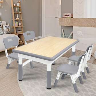 LILIIN barnbord barnsittgrupp med 4 stolar plastgrå stol höjdjusterbar barnbordsset sittgrupp för killar och tjejer i åldern 2-10 år