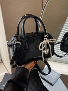 Nuevo bolso de boliche negro sólido para mujer con decoración de cadena de perlas y diseño de letra impresa en estilo minimalista - Negro - Ver 2